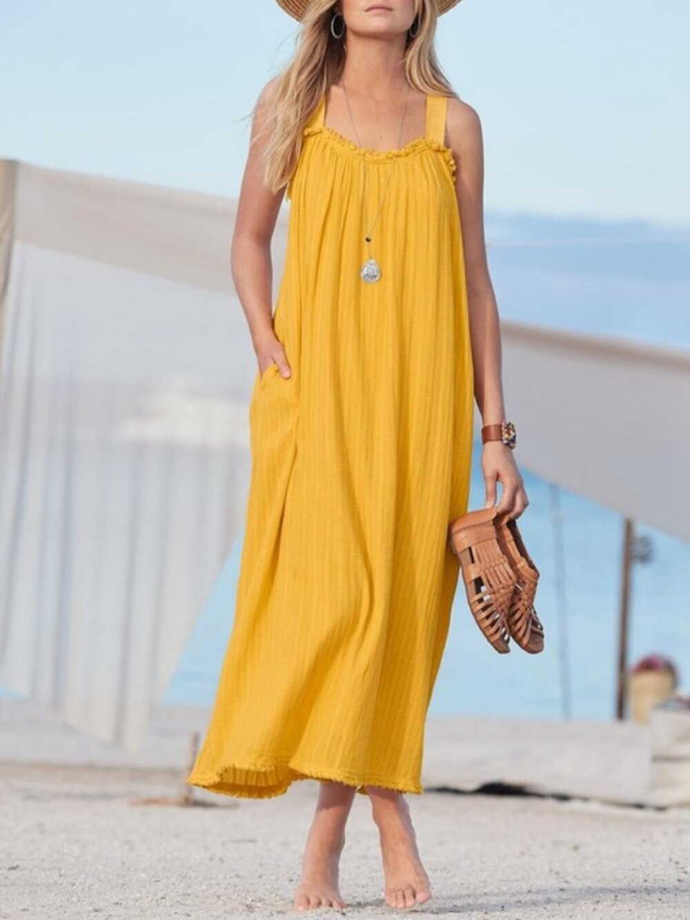 Sundance Yellow Cotton Maxi Dress, size XL